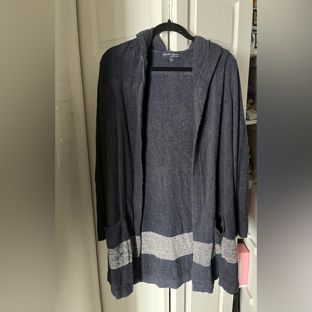Barefoot Dreams Blue and Gray Hooded Cardigan